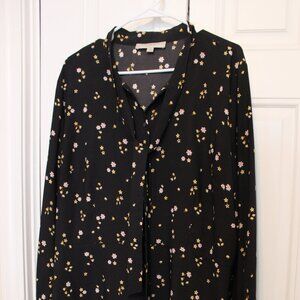 Loft button up shirt dress with neck tie. Black and floral size 18